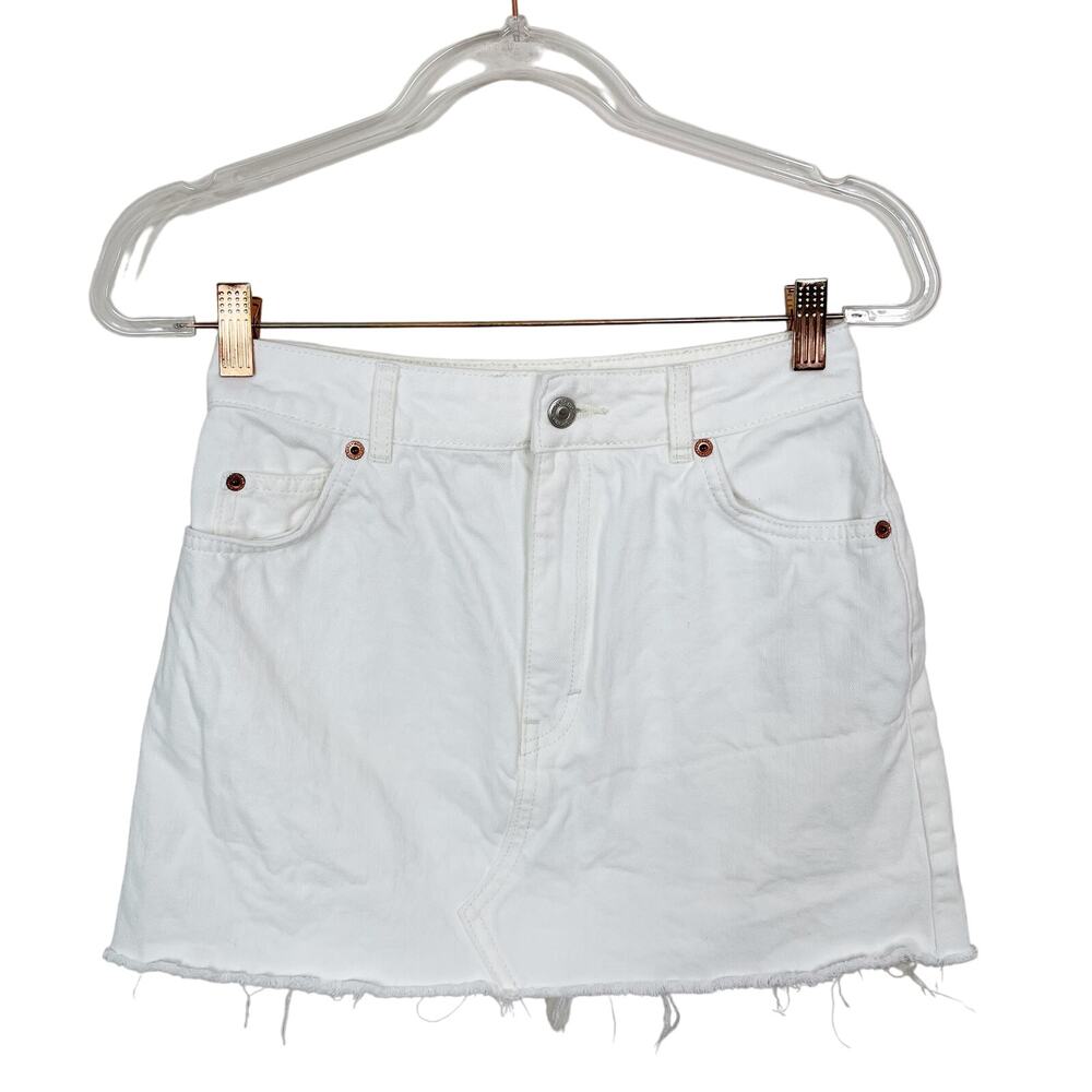 Topshop Raw Hem Denim Skirt White High Waist Mini XSmall XS Jean